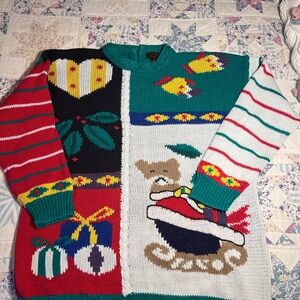 80s Christmas sweater w bear on sleigh